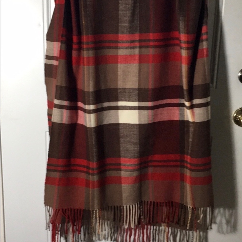 Plaid blanket scarf with fringe cashmere feel large red brown cream